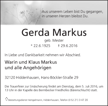 Traueranzeige von Gerda Markus von Neue Westfälische