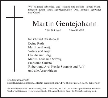 Traueranzeige von Martin Gentejohann von Neue Westfälische