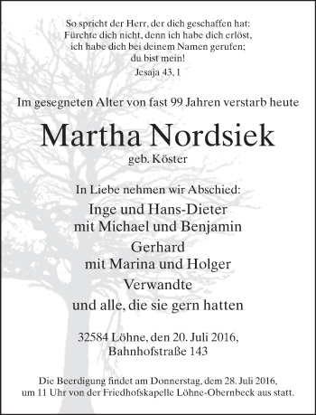 Traueranzeige von Martha Nordsiek von Neue Westfälische