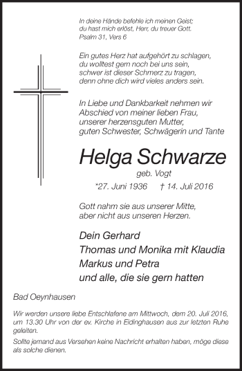 Traueranzeige von Helga Schwarze