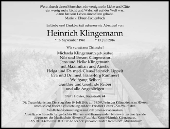 Traueranzeige von Heinrich Otto Klingemann von Neue Westfälische