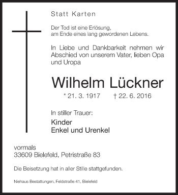 Traueranzeige von Wilhelm Lückner von Neue Westfälische