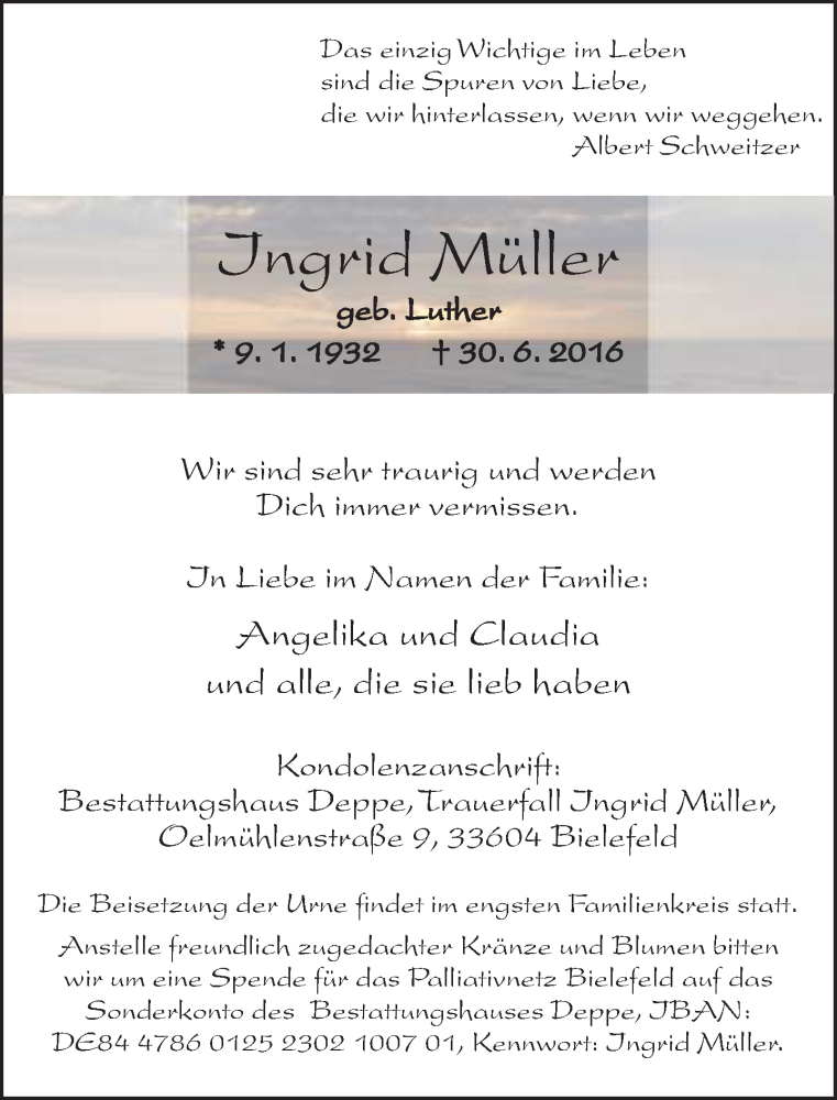  Traueranzeige für Ingrid Müller vom 02.07.2016 aus Neue Westfälische