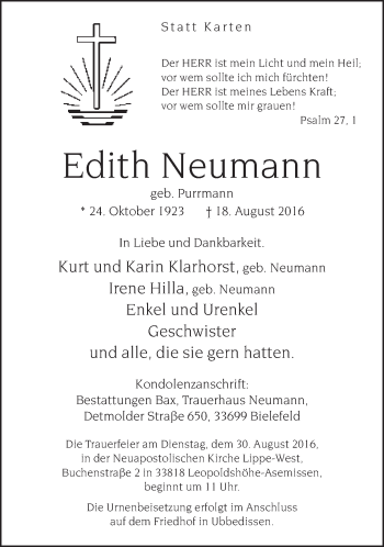 Traueranzeige von Edith Neumann von Neue Westfälische