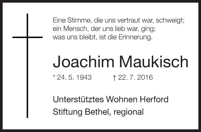  Traueranzeige für Joachim Maukisch vom 03.08.2016 aus Neue Westfälische