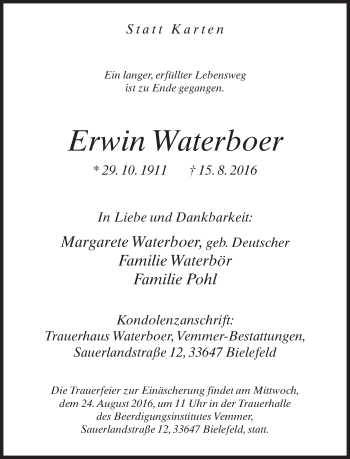 Traueranzeige von Erwin Waterboer von Neue Westfälische