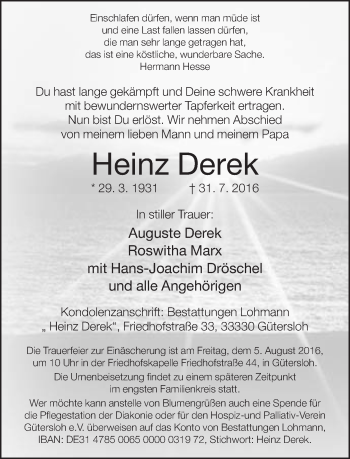 Traueranzeige von Heinz Derek von Neue Westfälische