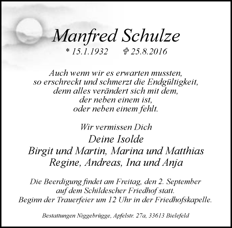  Traueranzeige für Manfred Schulze vom 30.08.2016 aus Neue Westfälische