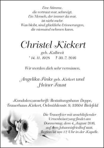 Traueranzeige von Christel Kickert von Neue Westfälische