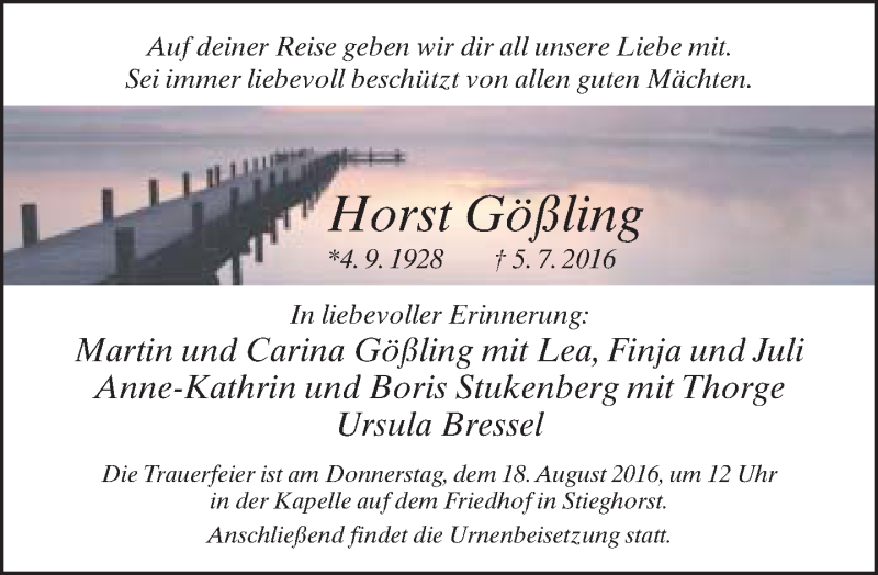  Traueranzeige für Horst Gößling vom 13.08.2016 aus Neue Westfälische