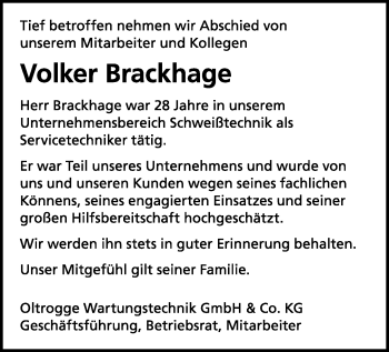 Traueranzeige von Volker Brackhage von Neue Westfälische