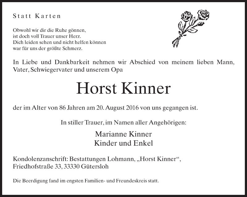  Traueranzeige für Horst Kinner vom 26.08.2016 aus Neue Westfälische