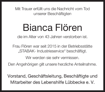 Traueranzeige von Bianca Flören von Neue Westfälische