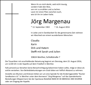 Traueranzeige von Jörg Margenau von Neue Westfälische