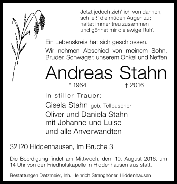 Traueranzeige von Andreas Stahn von Neue Westfälische