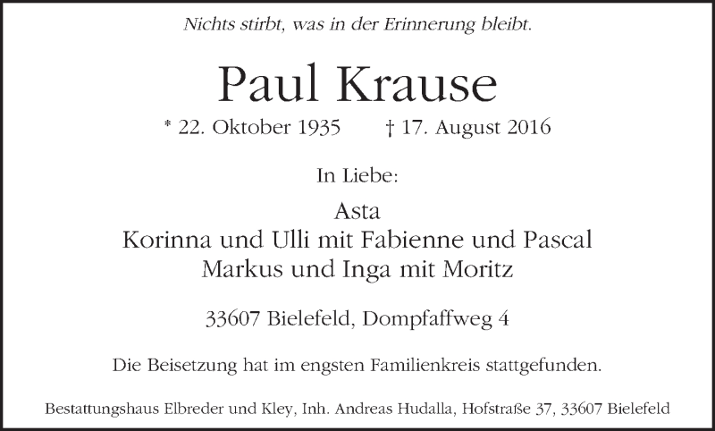  Traueranzeige für Paul Krause vom 27.08.2016 aus Neue Westfälische