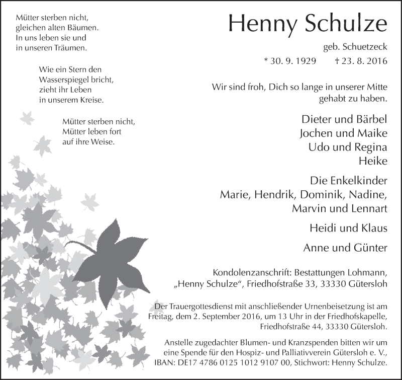  Traueranzeige für Henny Schulze vom 27.08.2016 aus Neue Westfälische