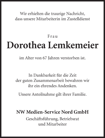 Traueranzeige von Dorothea Lemkemeier von Neue Westfälische