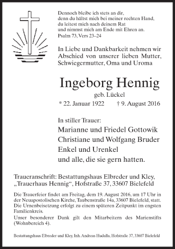 Traueranzeige von Ingeborg Hennig von Neue Westfälische