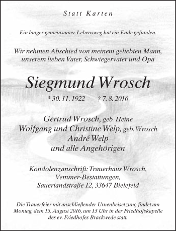 Traueranzeige von Siegmund Wrosch von Neue Westfälische