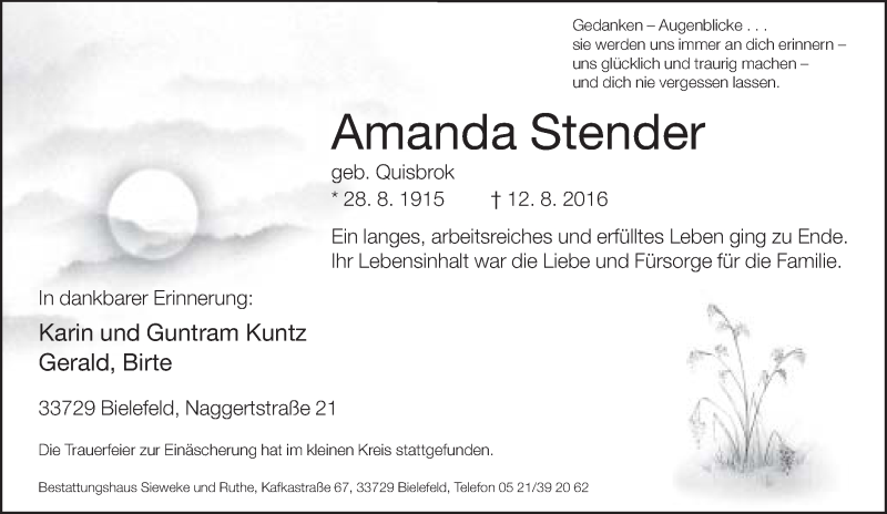  Traueranzeige für Amanda Stender vom 20.08.2016 aus Neue Westfälische