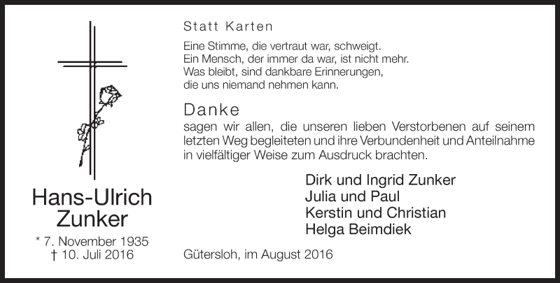  Traueranzeige für Hans-Ulrich Zunker vom 20.08.2016 aus Neue Westfälische