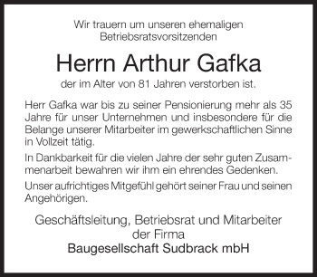 Traueranzeige von Arthur Gafka von Neue Westfälische