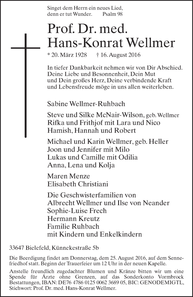  Traueranzeige für Hans-Konrat Wellmer vom 20.08.2016 aus Neue Westfälische