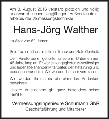Traueranzeige von Hans-Jörg Walther von Neue Westfälische