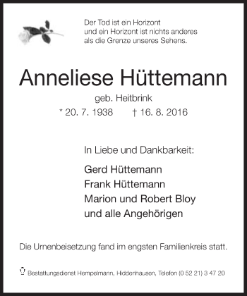 Traueranzeige von Anneliese Hüttemann von Neue Westfälische