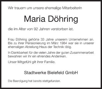 Traueranzeige von Maria Döhring von Neue Westfälische