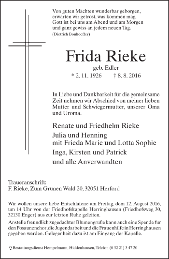 Traueranzeige von Frida Rieke von Neue Westfälische