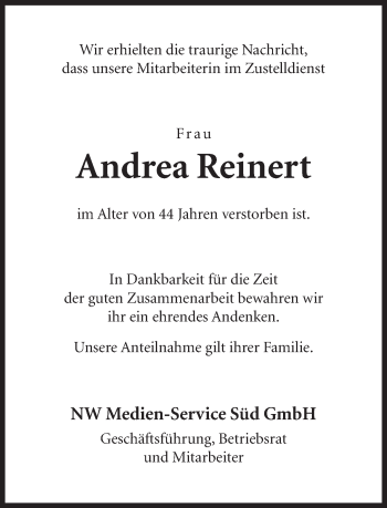 Traueranzeige von Andrea Reinert von Neue Westfälische