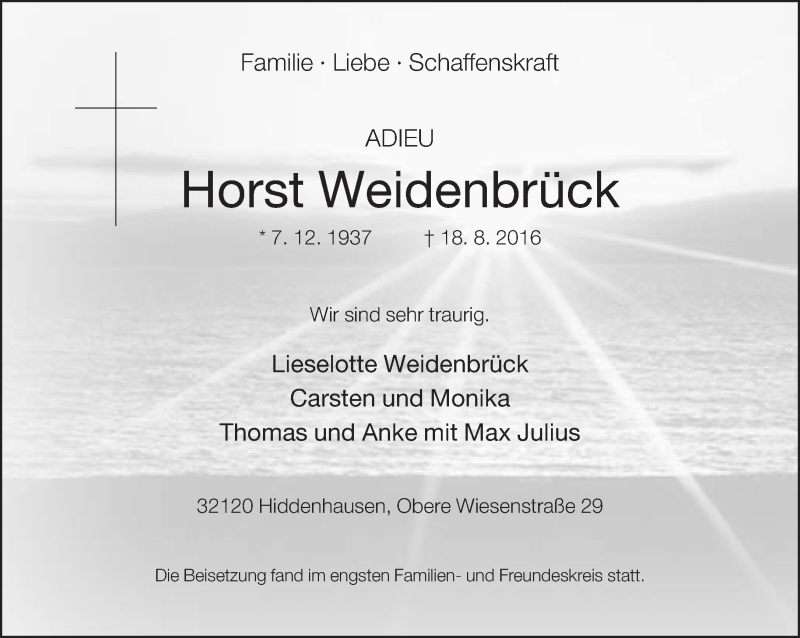  Traueranzeige für Horst Weidenbrück vom 27.08.2016 aus Neue Westfälische
