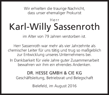 Traueranzeige von Karl-Willy Sassenroth von Neue Westfälische