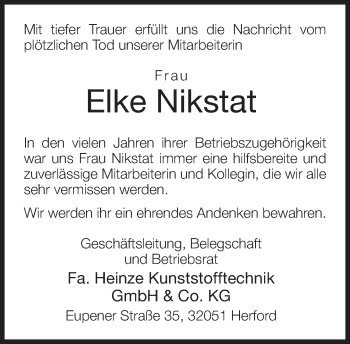 Traueranzeige von Elke Nikstat von Neue Westfälische