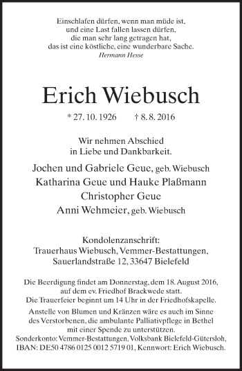 Traueranzeige von Erich Wiebusch von Neue Westfälische