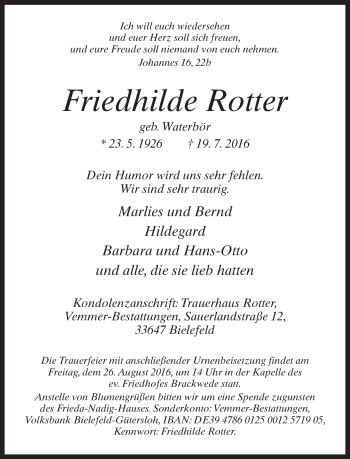 Traueranzeige von Friedhilde Rotter von Neue Westfälische