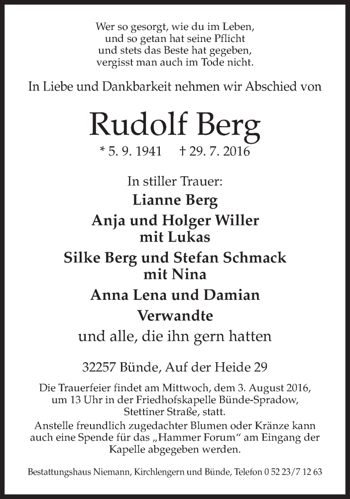  Traueranzeige für Rudolf Berg vom 01.08.2016 aus Neue Westfälische