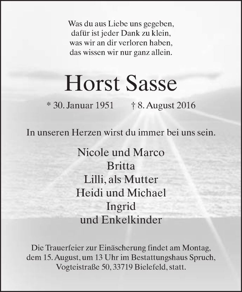  Traueranzeige für Horst Sasse vom 13.08.2016 aus Neue Westfälische