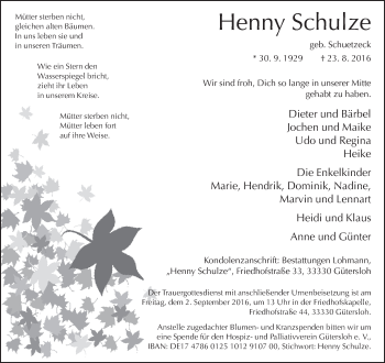 Traueranzeige von Henny Schulze von Neue Westfälische