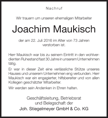 Traueranzeige von Joachim Maukisch von Neue Westfälische