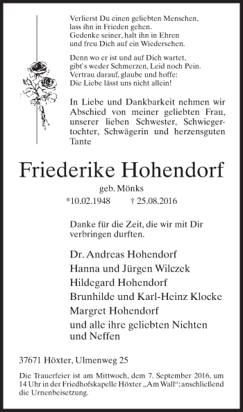 Traueranzeige von Friederike Hohendorf von Neue Westfälische
