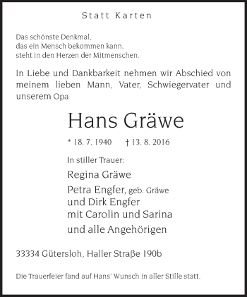 Traueranzeige von Hans Gräwe von Neue Westfälische