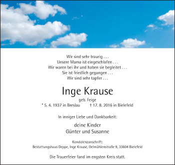 Traueranzeige von Inge Krause von Neue Westfälische
