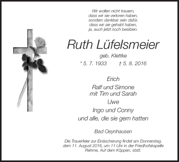 Traueranzeige von Ruth Lüfelsmeier