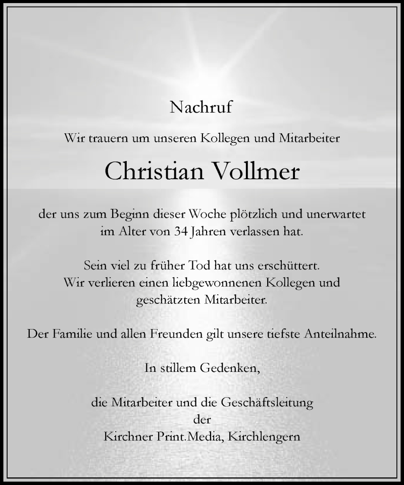  Traueranzeige für Christian Vollmer vom 20.08.2016 aus Neue Westfälische