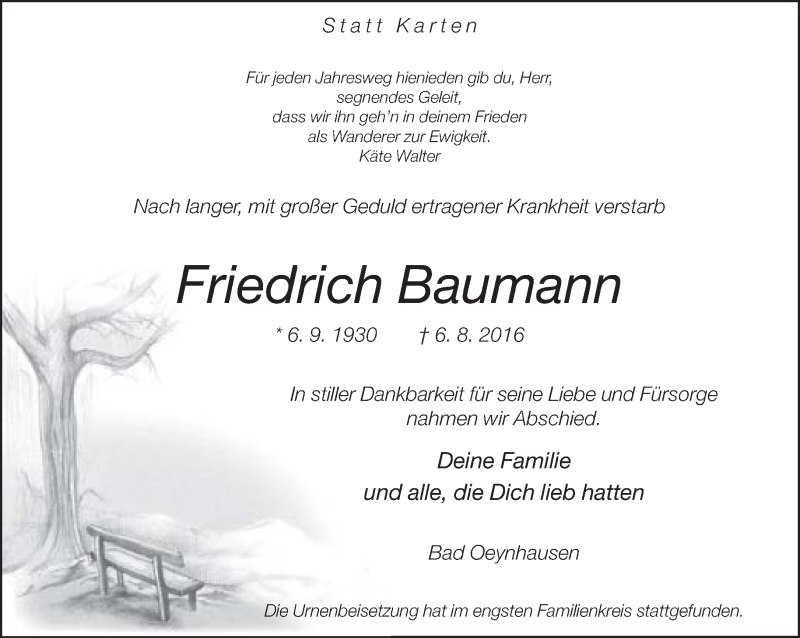  Traueranzeige für Friedrich Baumann vom 20.08.2016 aus Neue Westfälische