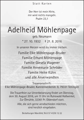 Traueranzeige von Adelheid Möhlenpage von Neue Westfälische