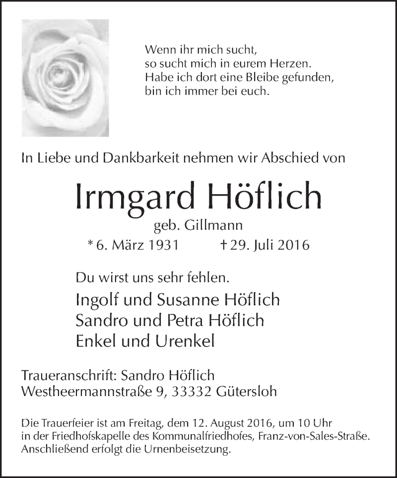  Traueranzeige für Irmgard Höflich vom 03.08.2016 aus Neue Westfälische